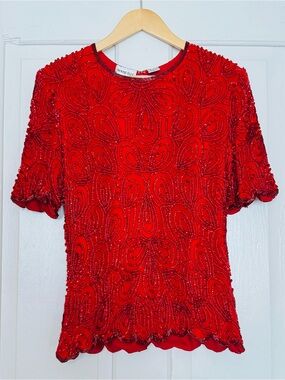Vintage 1980s Red Silk Beaded Short Sleeve Blouse